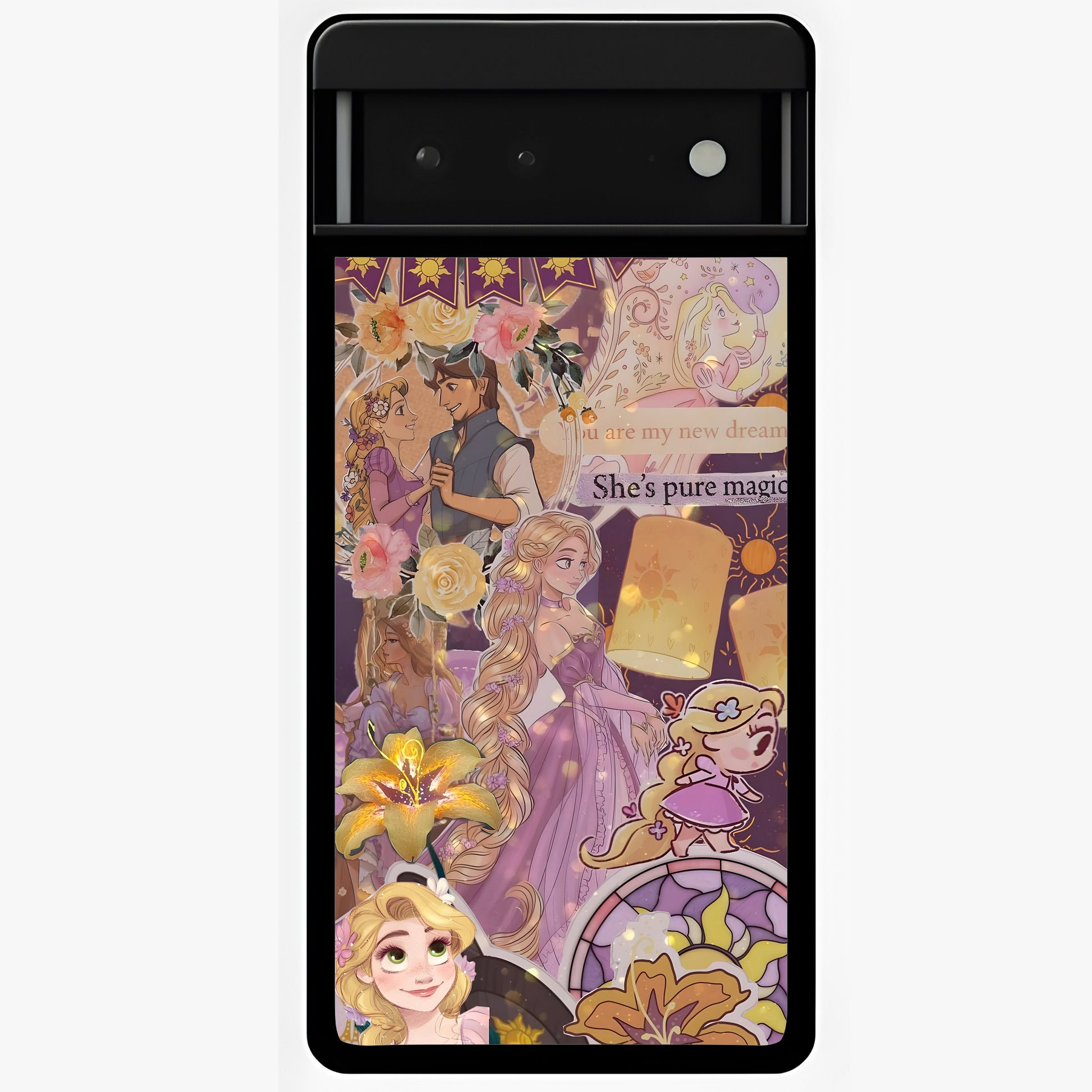 Magical Tangled Dream Glass Case showing flat back view with dreamy tangled artwork and glossy glass finish.