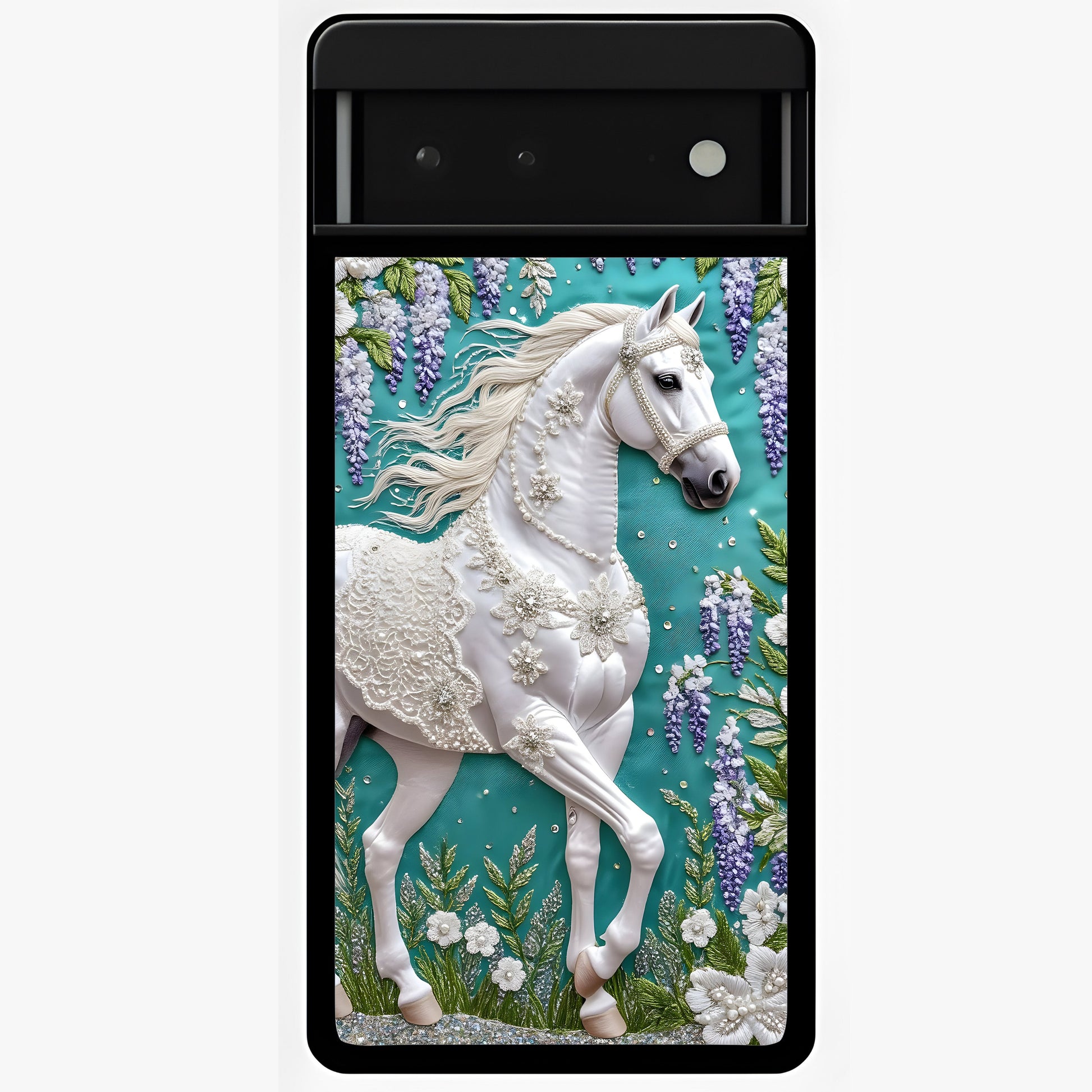 Majestic Floral Stallion Glass Case showing flat back view with powerful horse and floral artwork and glossy glass finish.