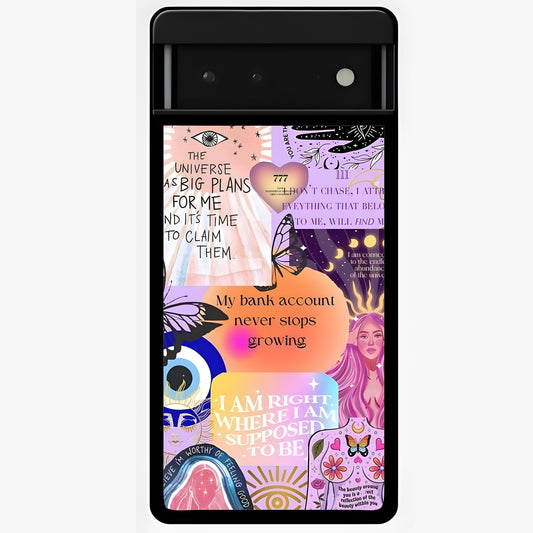 Manifestation Collage Glass Case showing flat back view with motivational collage artwork and glossy glass finish.