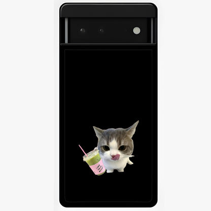 Matcha Cat Style Glass Case showing flat back view with cute matcha themed cat artwork and glossy glass finish.