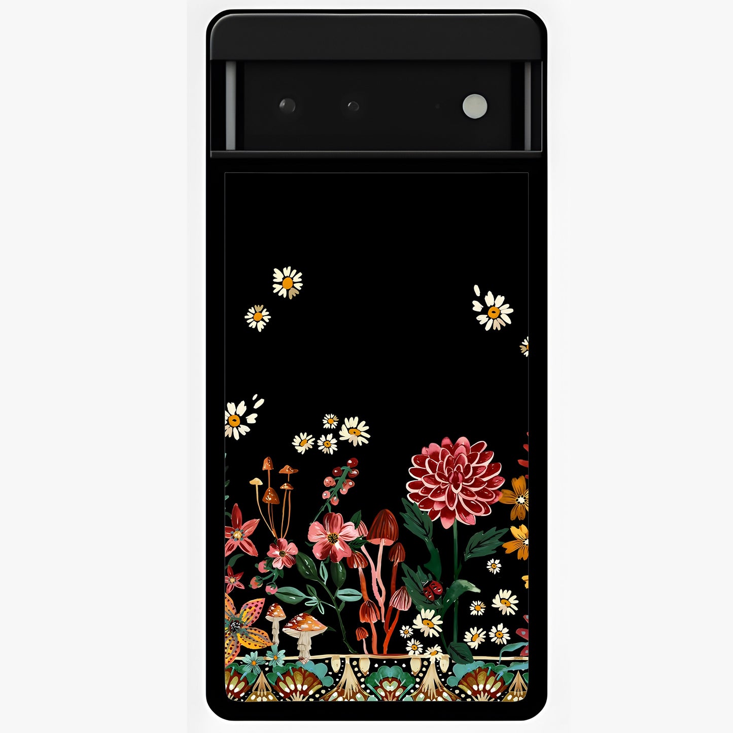 Midnight Bloom Pattern Glass Case showing flat back view with dark floral pattern artwork and glossy glass finish.