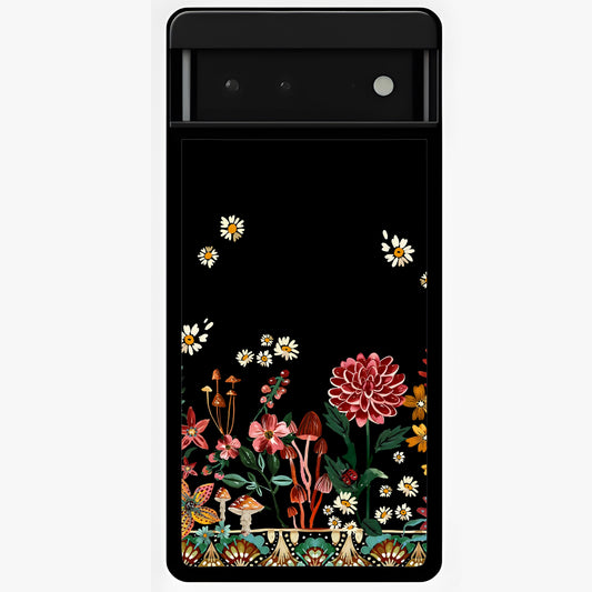 Midnight Bloom Pattern Glass Case showing flat back view with dark floral pattern artwork and glossy glass finish.