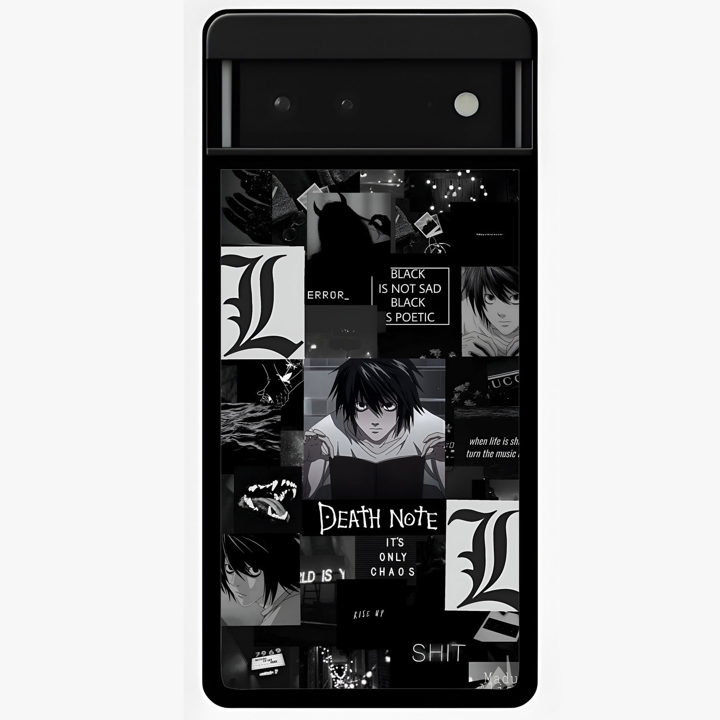 Midnight Chaos Mind Glass Case showing flat back view with abstract dark themed artwork and glossy glass finish.