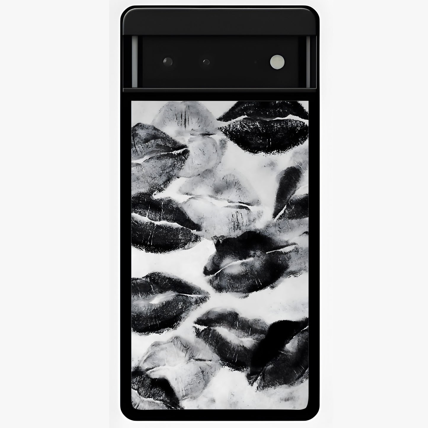 Midnight Kiss Marks Glass Case showing flat back view with lipstick kiss mark artwork and glossy glass finish.