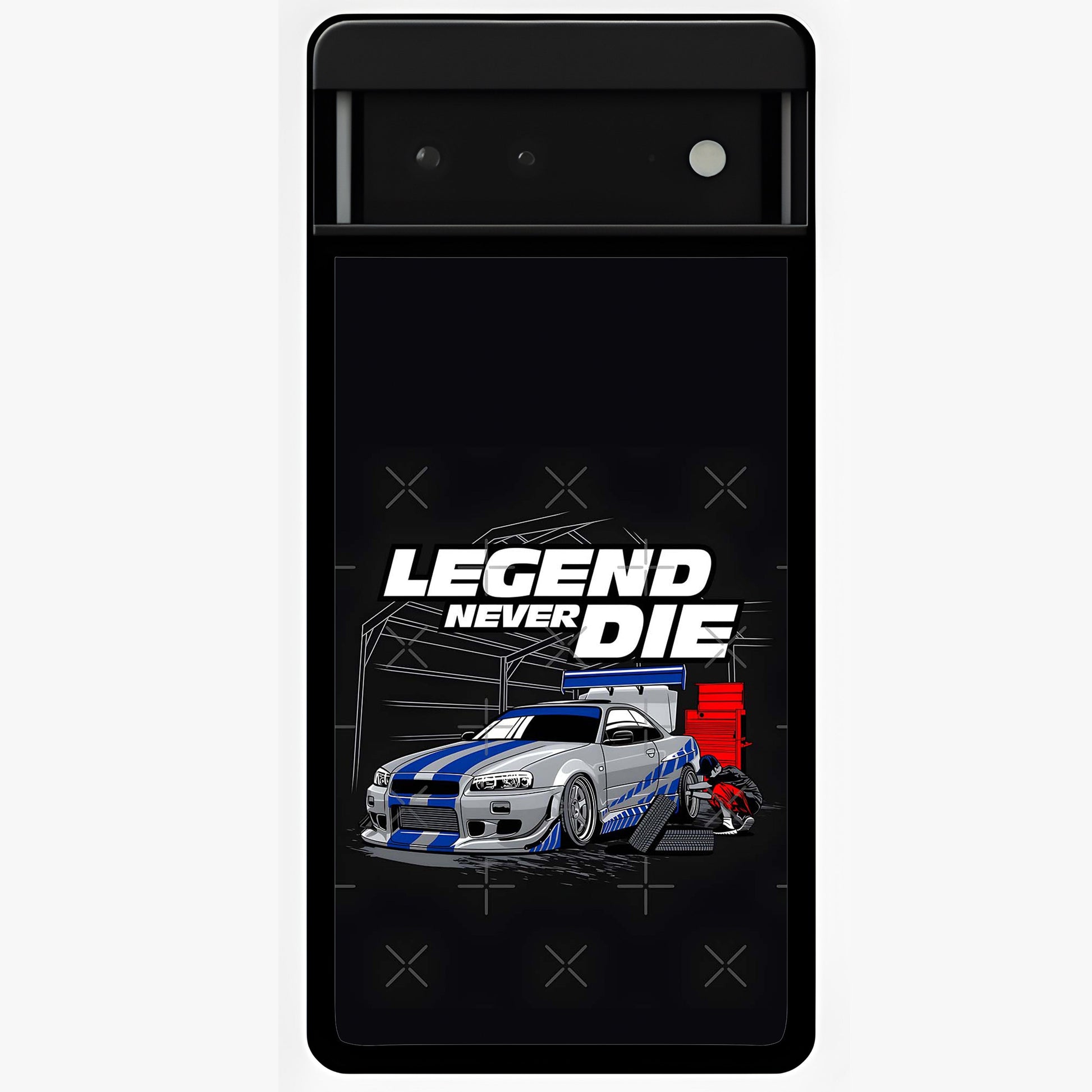 Midnight Racing Legacy Glass Case showing flat back view with sleek racing inspired artwork and glossy glass finish.