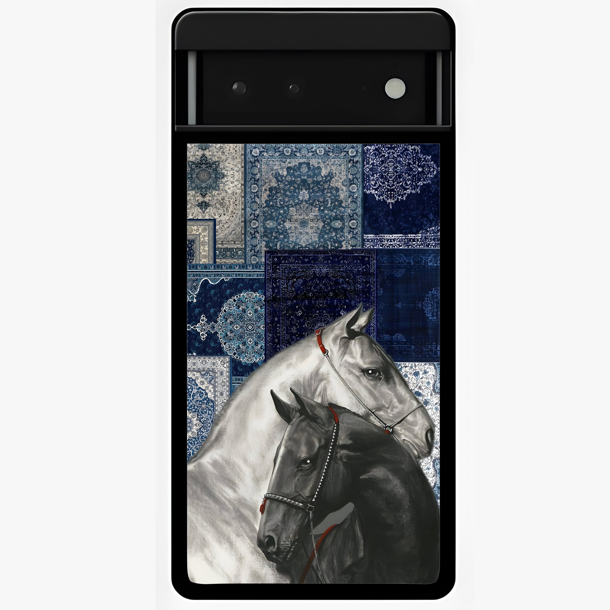 Midnight Stallion Blues Glass Case showing flat back view with majestic horse artwork and glossy glass finish.
