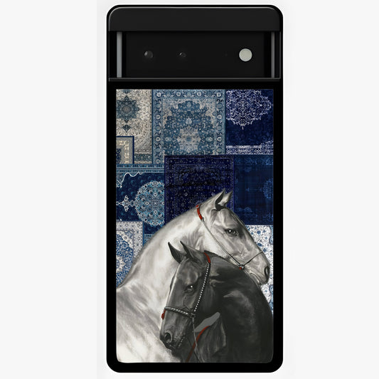 Midnight Stallion Blues Glass Case showing flat back view with majestic horse artwork and glossy glass finish.