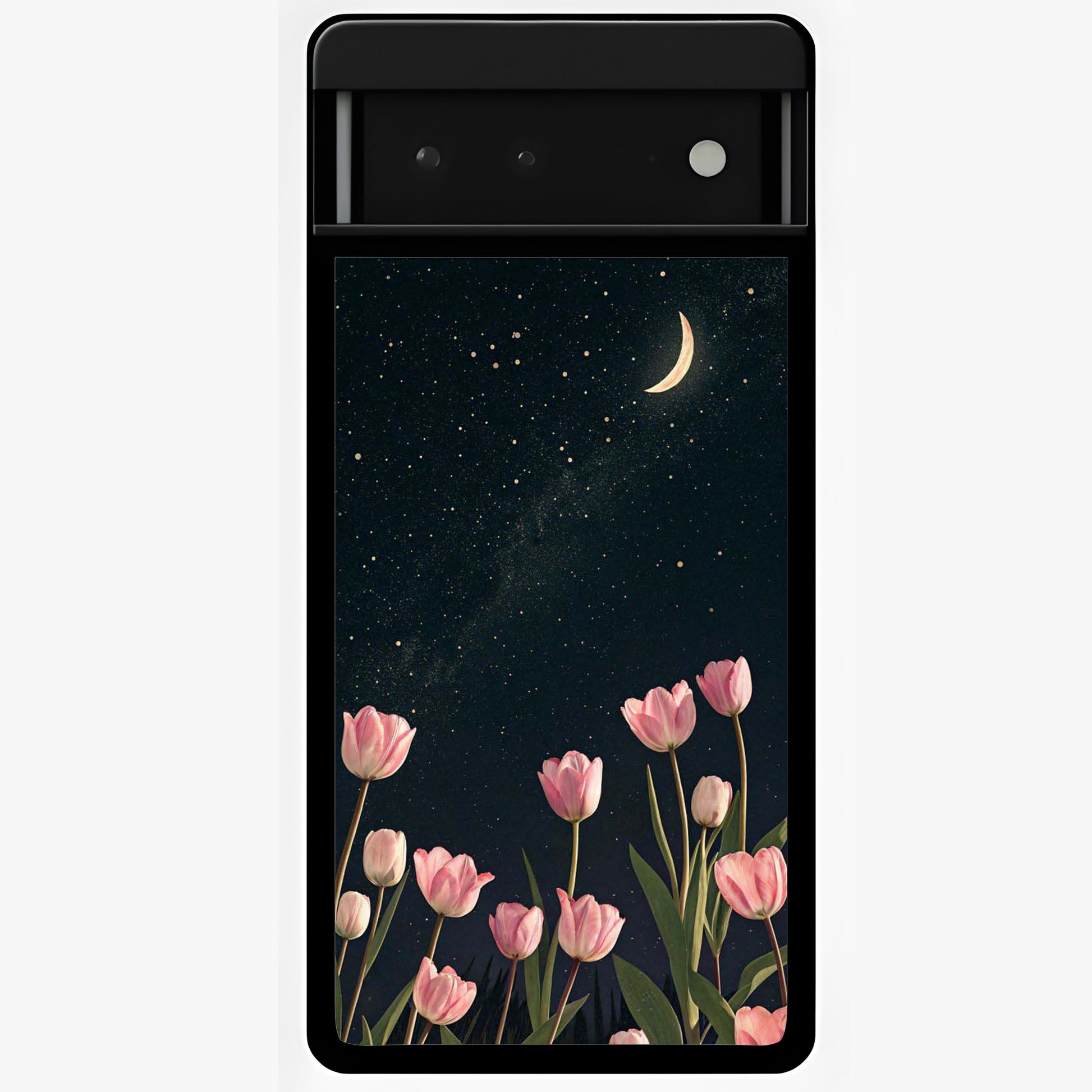 Midnight Tulip Whispers Vibe Glass Case showing flat back view with elegant tulip flower artwork and glossy glass finish.