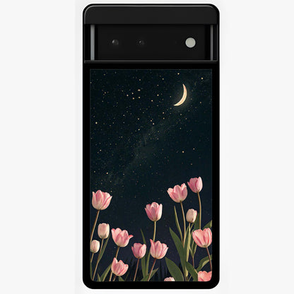 Midnight Tulip Whispers Vibe Glass Case showing flat back view with elegant tulip flower artwork and glossy glass finish.