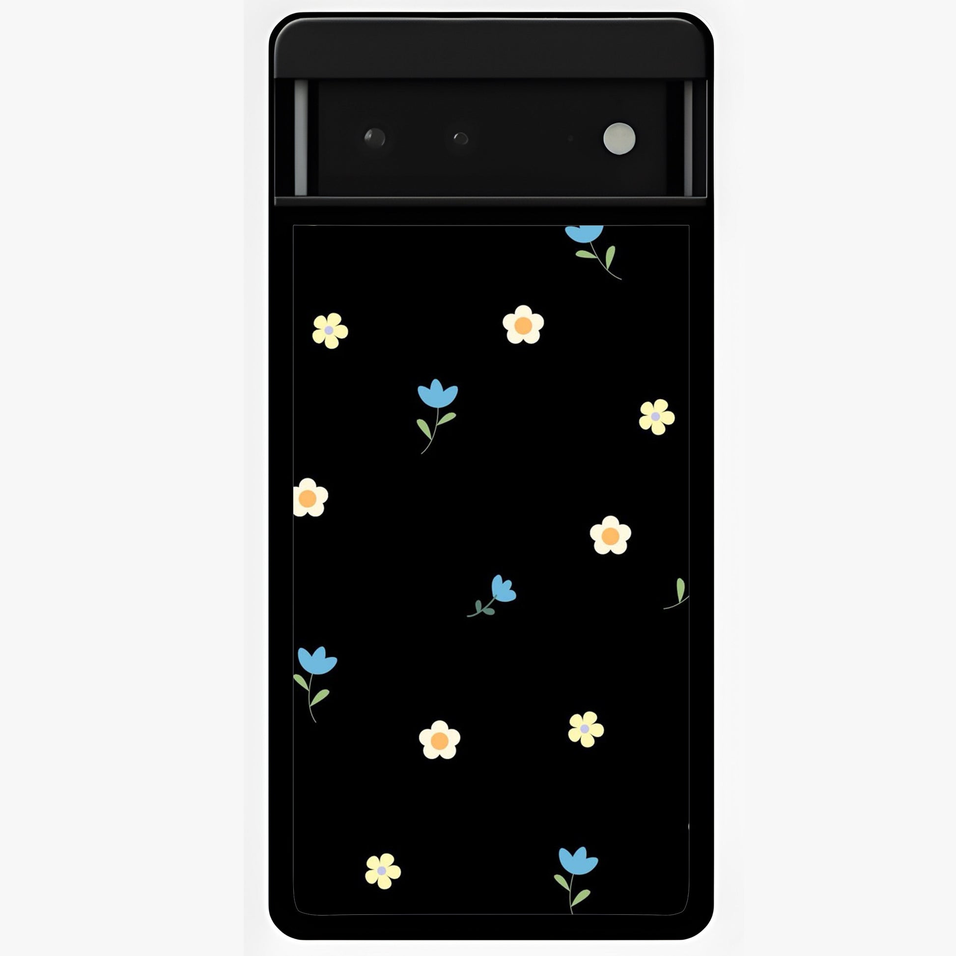 Minimalistic Blue With White Flower Pattern Glass Case showing flat back view with blue background and white flower pattern and glossy glass finish.