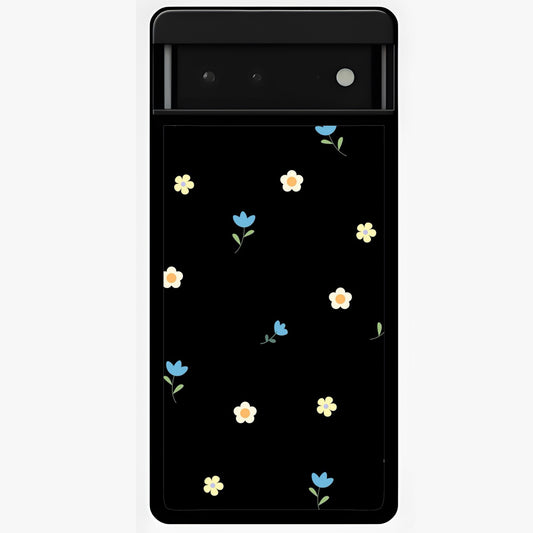 Minimalistic Blue With White Flower Pattern Glass Case showing flat back view with blue background and white flower pattern and glossy glass finish.