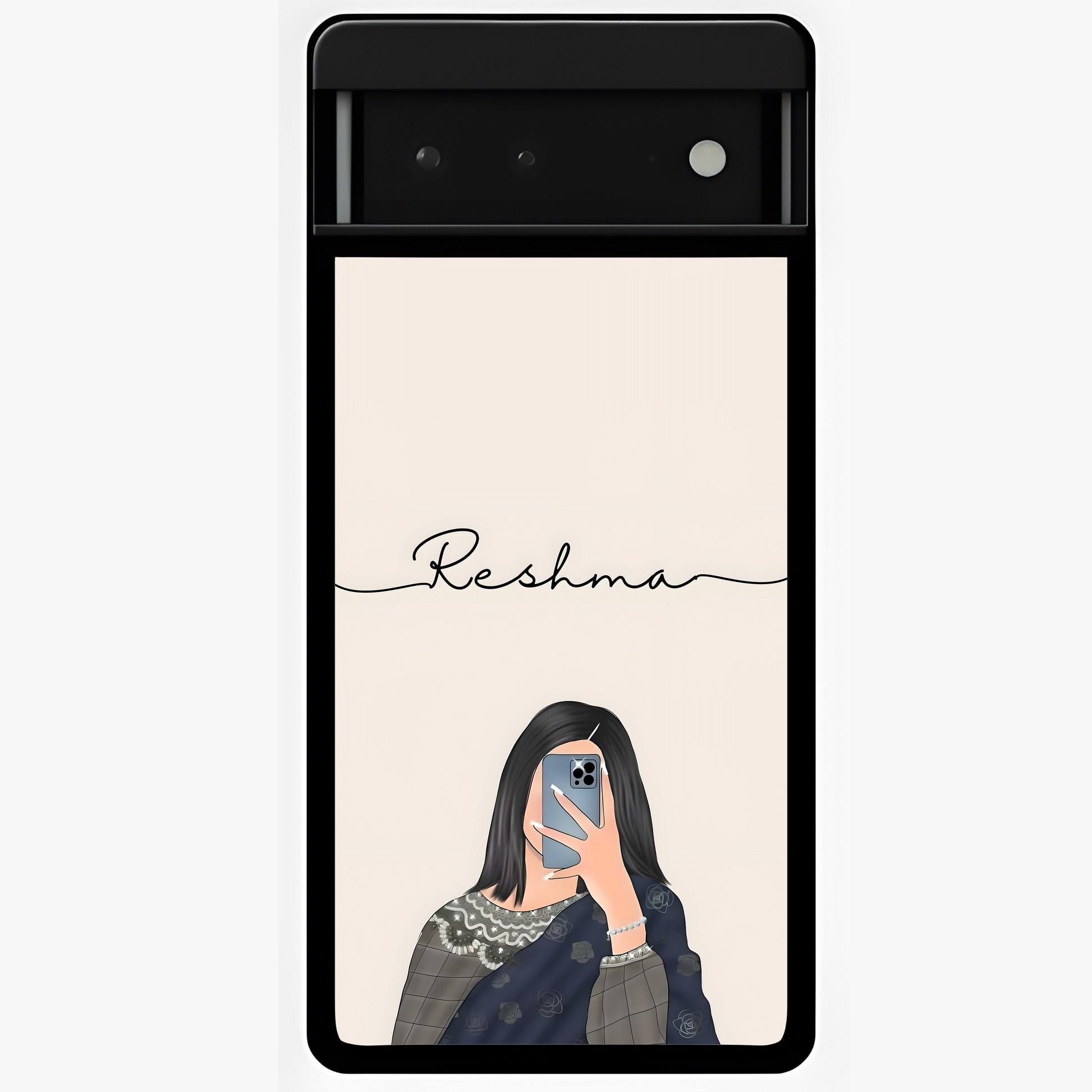 Mirror Mood Muse With Custom Name Glass Case showing flat back view with stylish mirrored artwork and personalized name design.