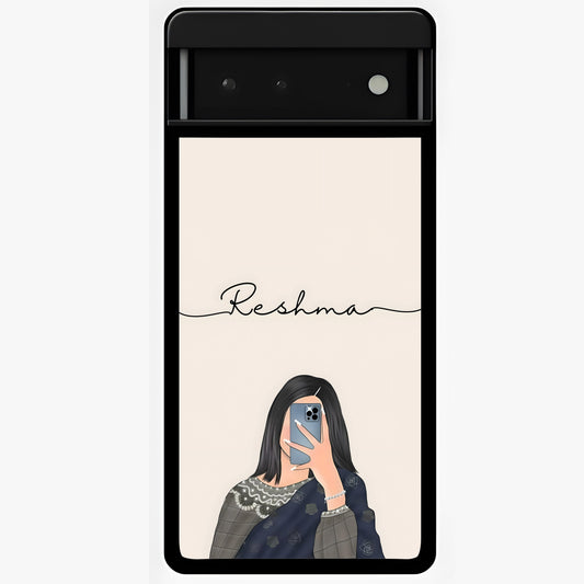 Mirror Mood Muse With Custom Name Glass Case showing flat back view with stylish mirrored artwork and personalized name design.
