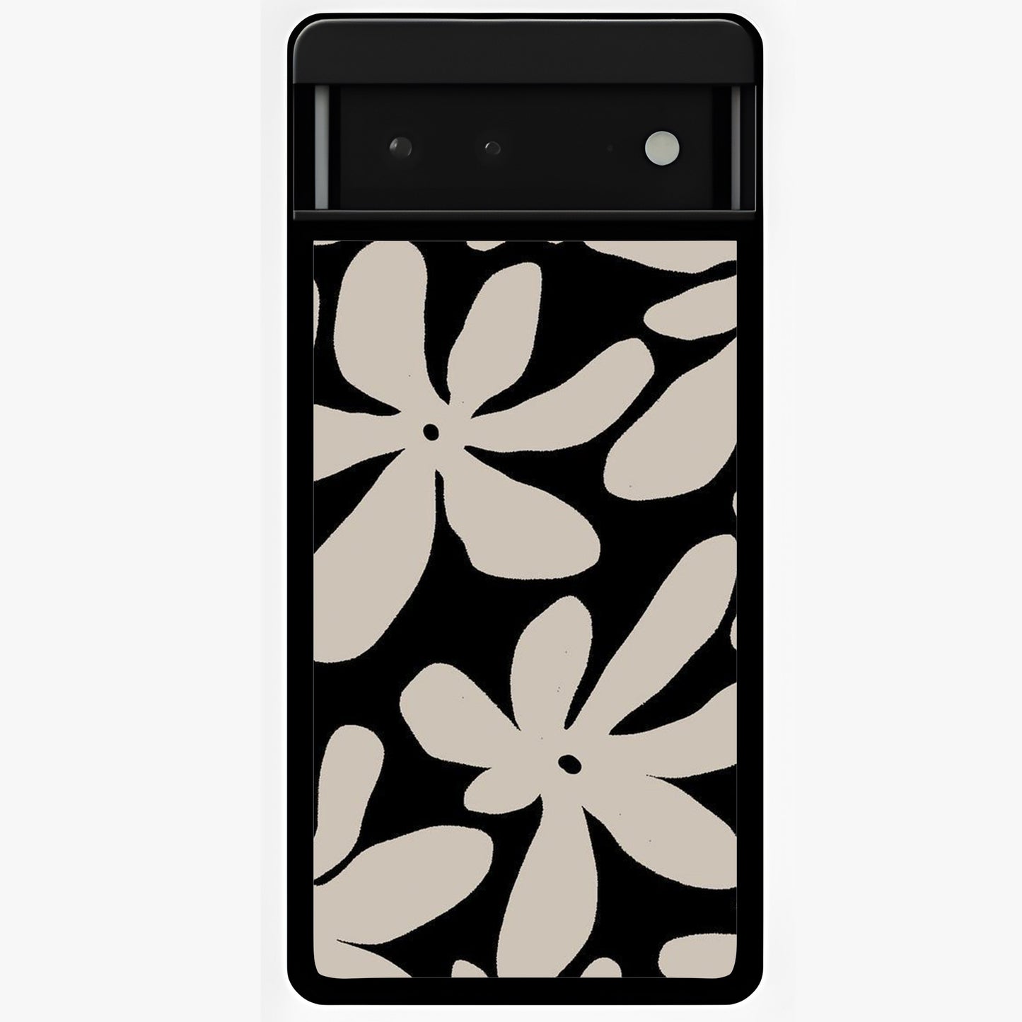 Monochrome Petal Dance Glass Case showing flat back view with monochrome floral artwork and glossy glass finish.