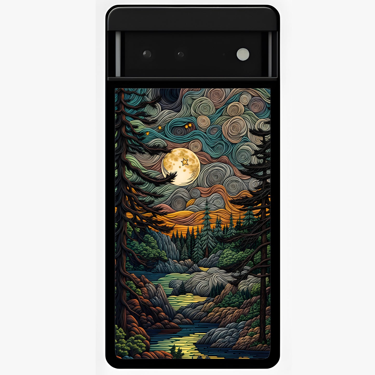 Moonlight Forest Dream Glass Case showing flat back view with mystical forest moonlight artwork and glossy glass finish.