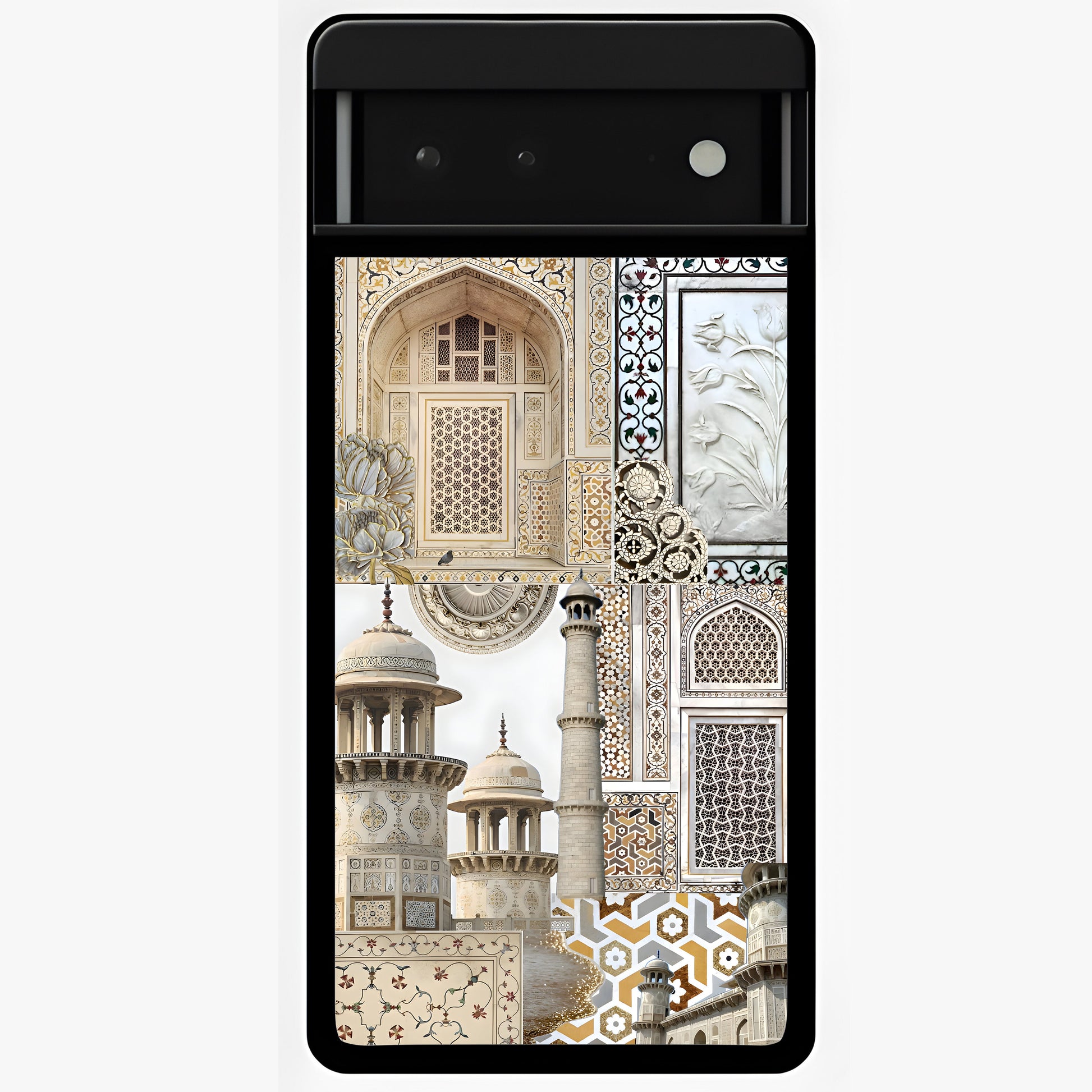 Mughal Marble Legacy Glass Case showing flat back view with intricate Mughal inspired marble pattern and glossy glass finish.