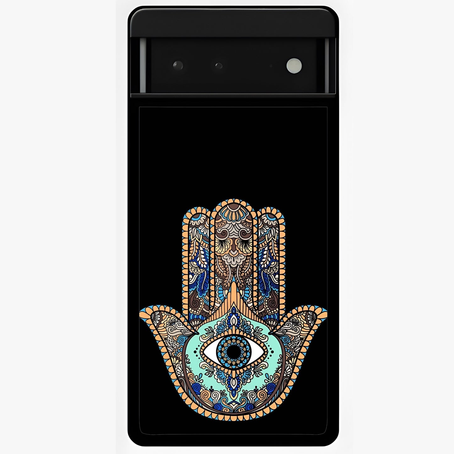 Mystic Hamsa Eye Glass Case showing flat back view with protective hamsa hand and evil eye artwork and glossy glass finish.