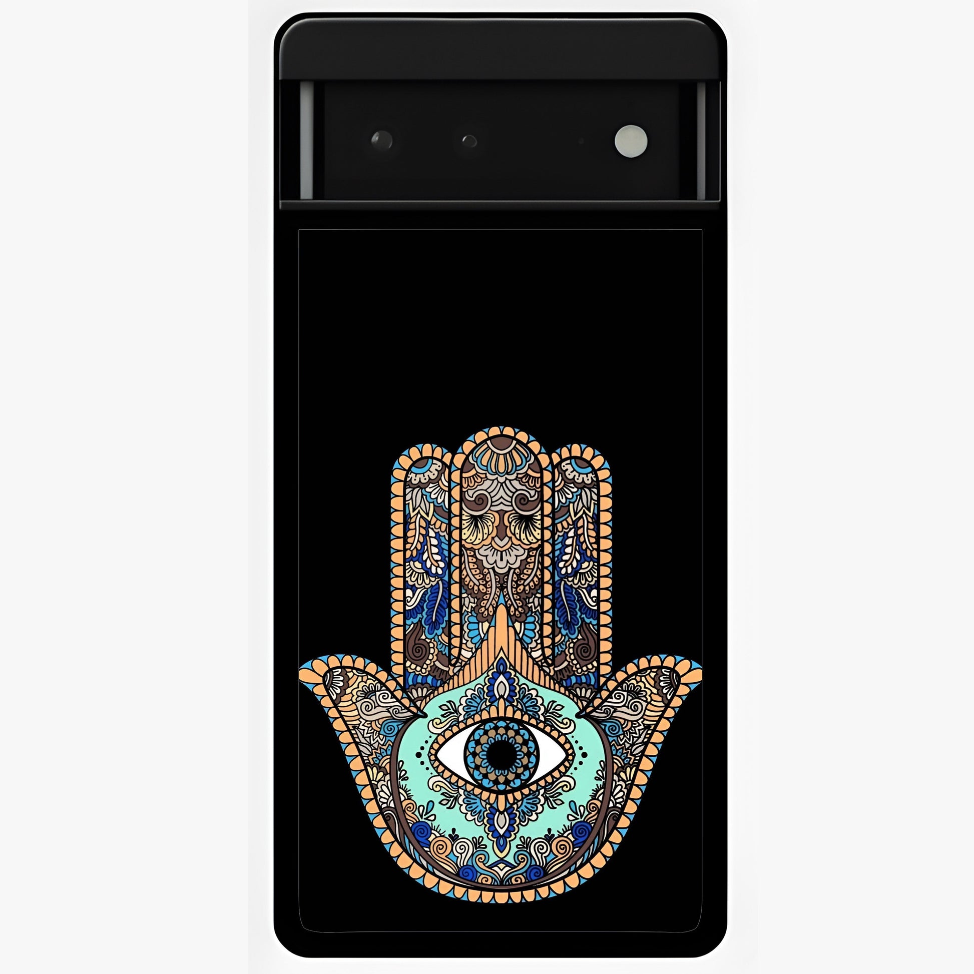 Mystic Hamsa Eye Glass Case showing flat back view with protective hamsa hand and evil eye artwork and glossy glass finish.
