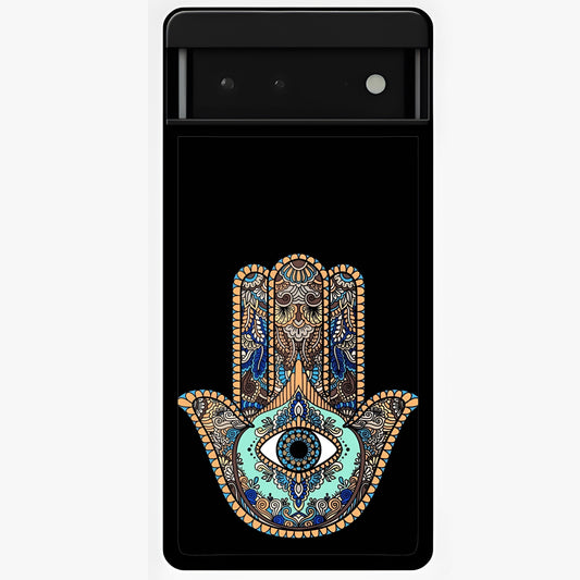 Mystic Hamsa Eye Glass Case showing flat back view with protective hamsa hand and evil eye artwork and glossy glass finish.