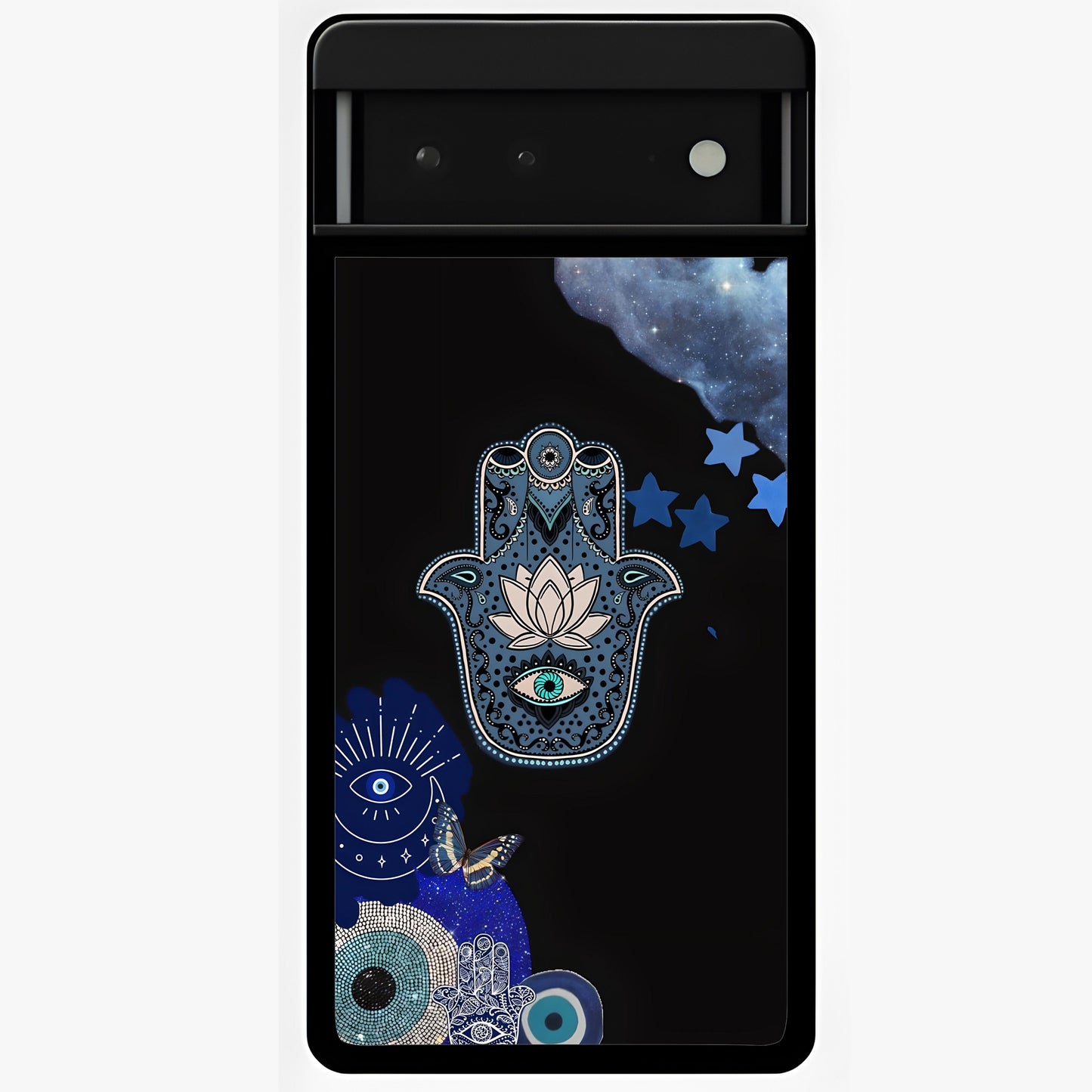 Mystic Hand Aura Glass Case showing flat back view with mystical hand symbol artwork and glossy glass finish.