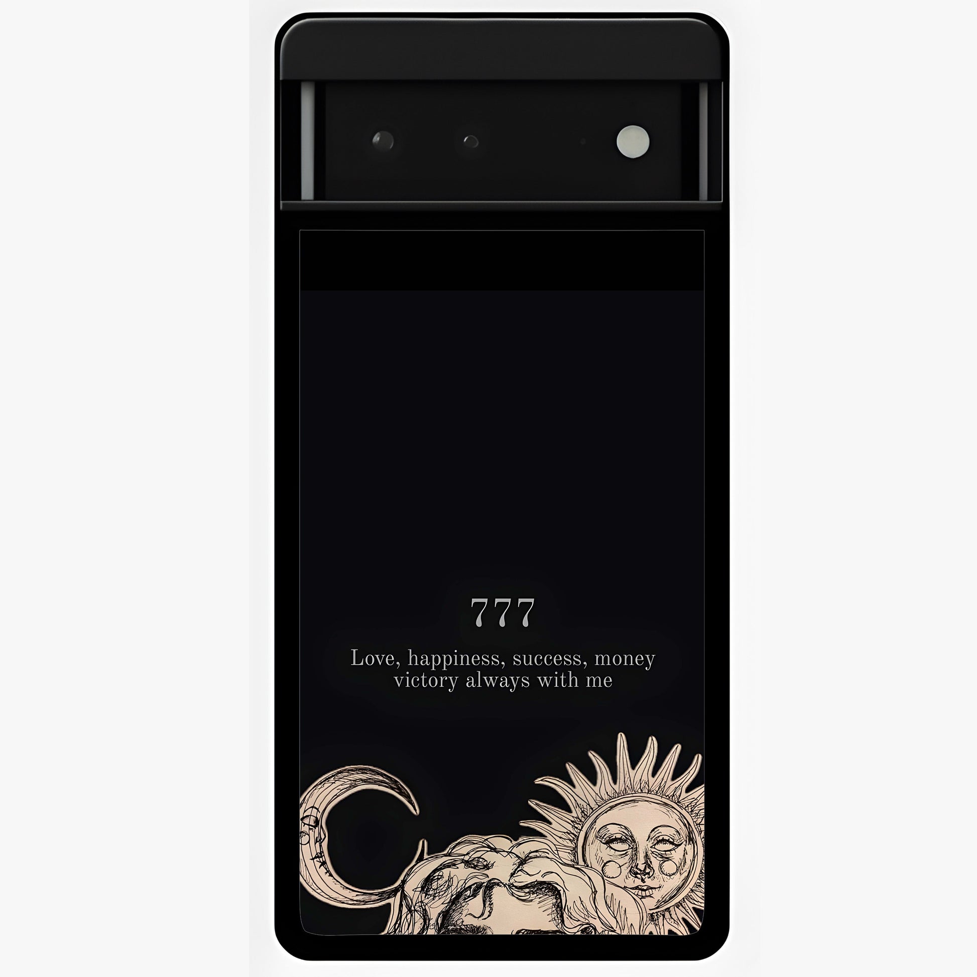 Mystic Victory Aura Glass Case showing flat back view with victory symbol artwork and glossy glass finish.