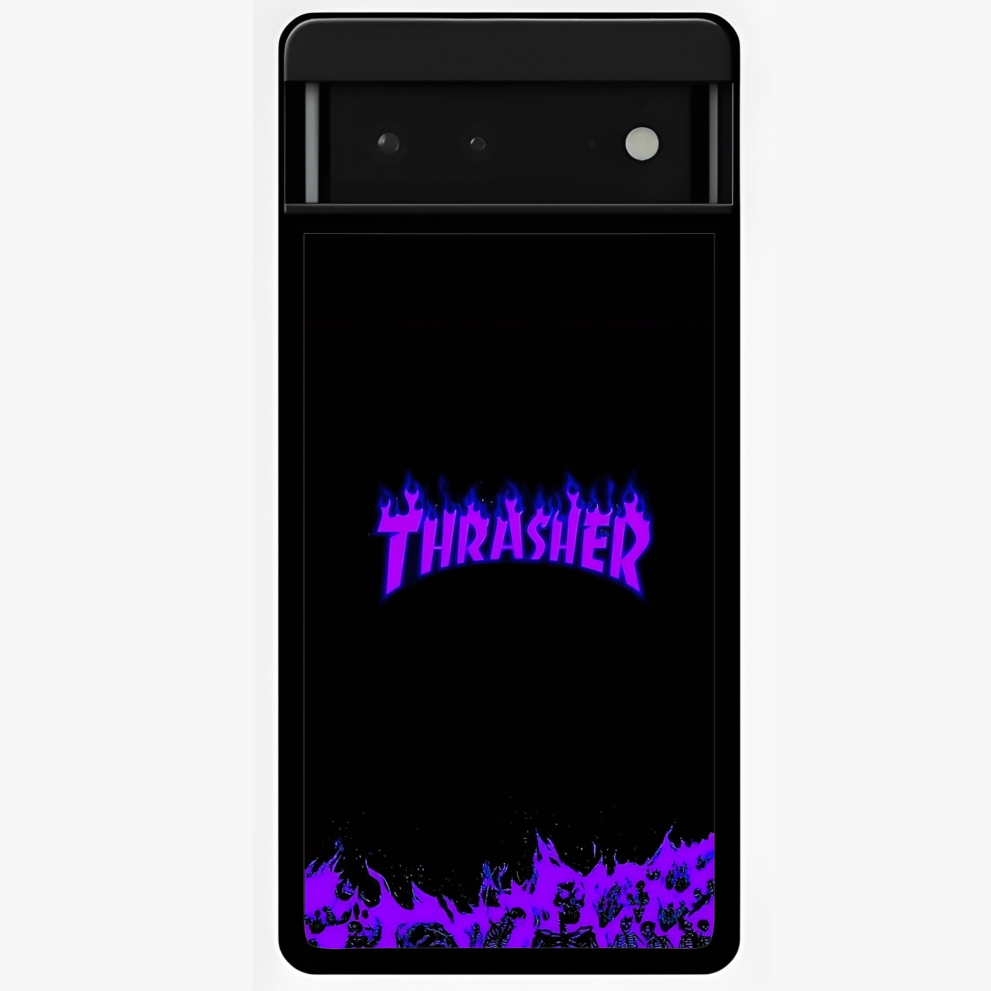 Neon Flame Riot Glass Case showing flat back view with neon flame artwork and glossy glass finish.