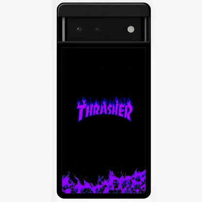 Neon Flame Riot Glass Case showing flat back view with neon flame artwork and glossy glass finish.