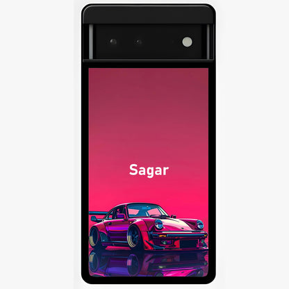 Neon Pink Porsche Glass Case showing flat back view with stylish sports car artwork and glossy glass finish.