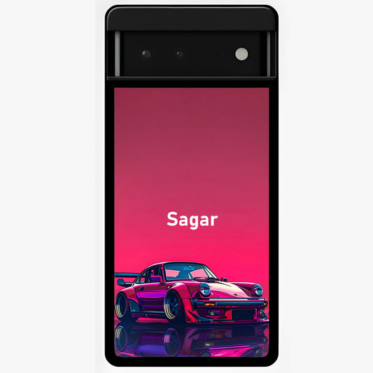 Neon Pink Porsche Glass Case showing flat back view with stylish sports car artwork and glossy glass finish.