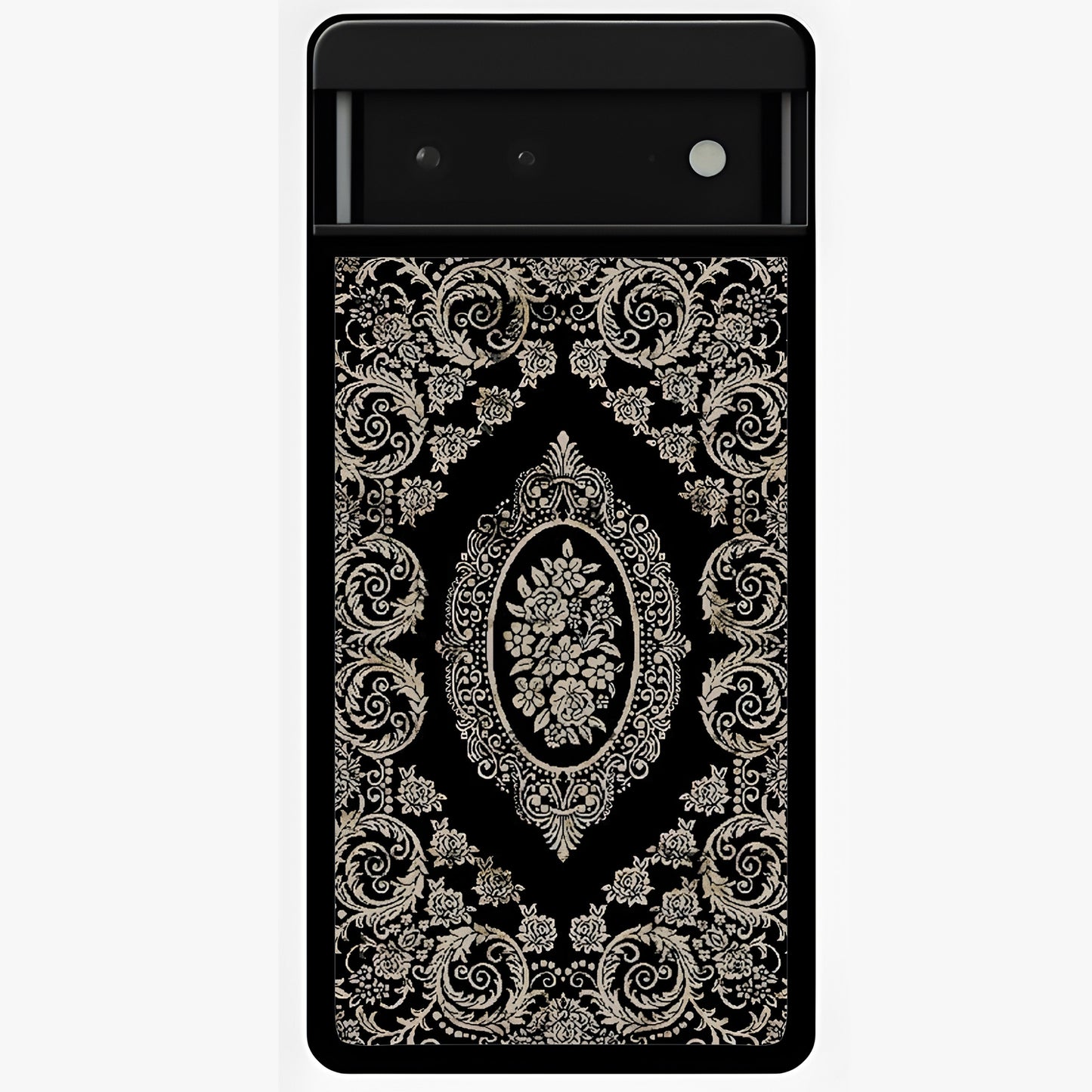 Noir Bloom Elegance Glass Case showing flat back view with elegant dark floral artwork and glossy glass finish.