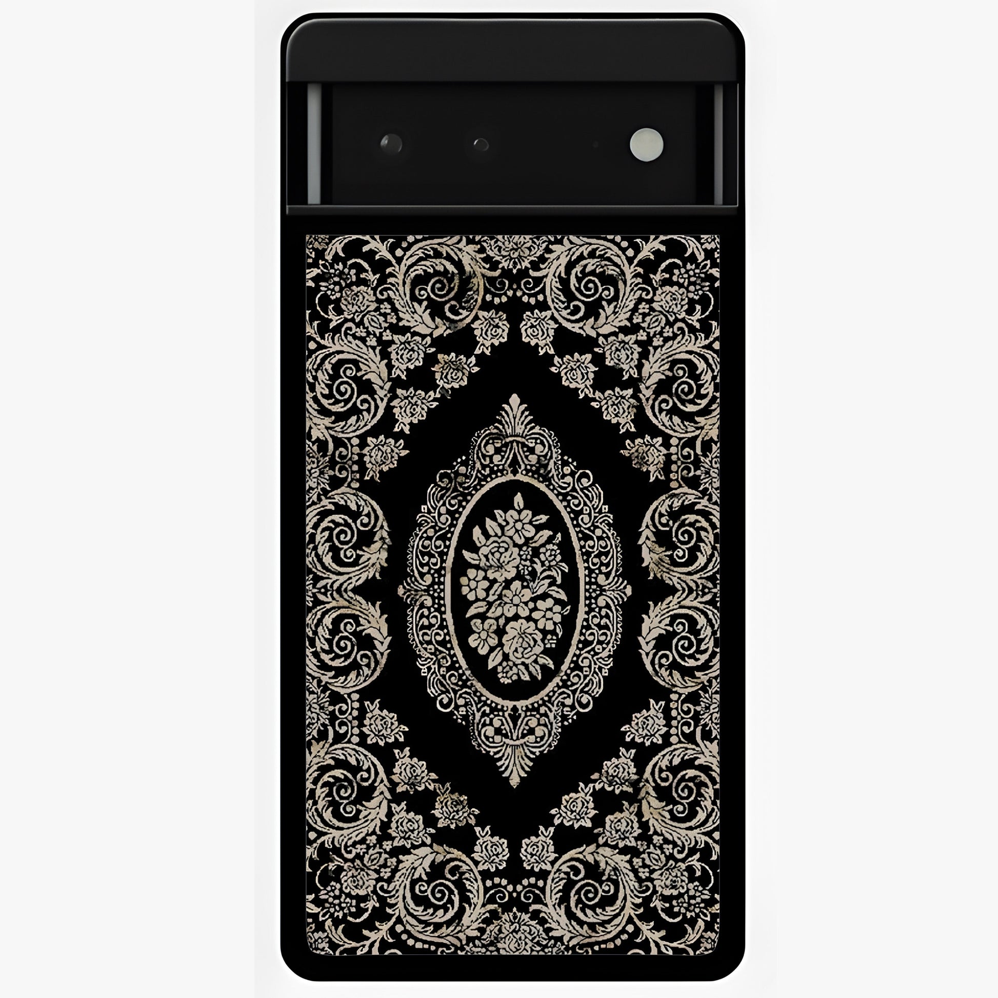 Noir Bloom Elegance Glass Case showing flat back view with elegant dark floral artwork and glossy glass finish.