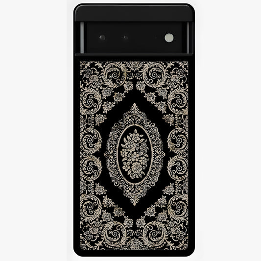 Noir Bloom Elegance Glass Case showing flat back view with elegant dark floral artwork and glossy glass finish.