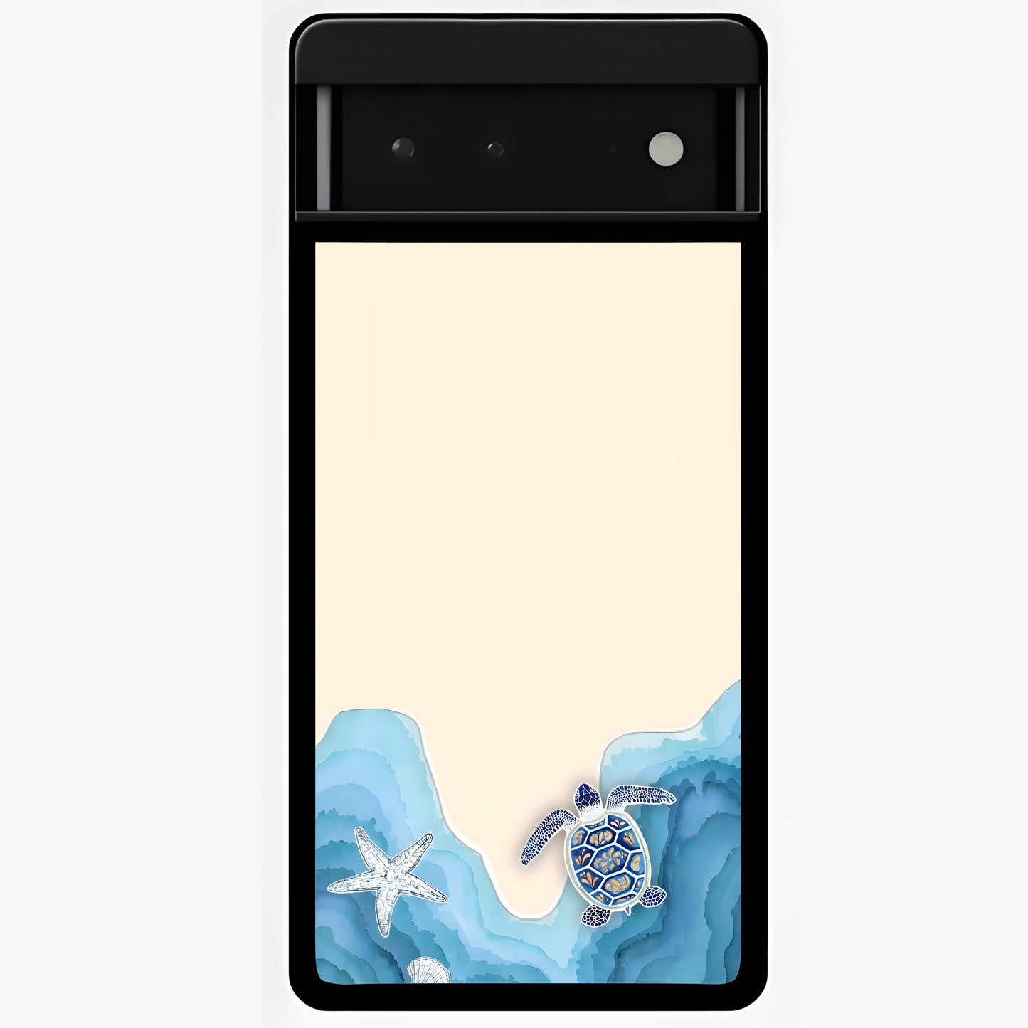 Ocean Drift Turtle Glass Case showing flat back view with sea turtle artwork and glossy glass finish.