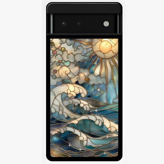 Oceanic Stained Printed Glass Case showing flat back view with ocean inspired stained pattern artwork and glossy glass finish.