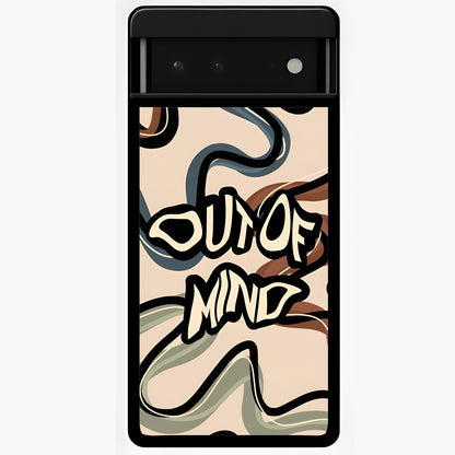 Out Of Mind Glass Case showing flat back view with expressive typography artwork and glossy glass finish.