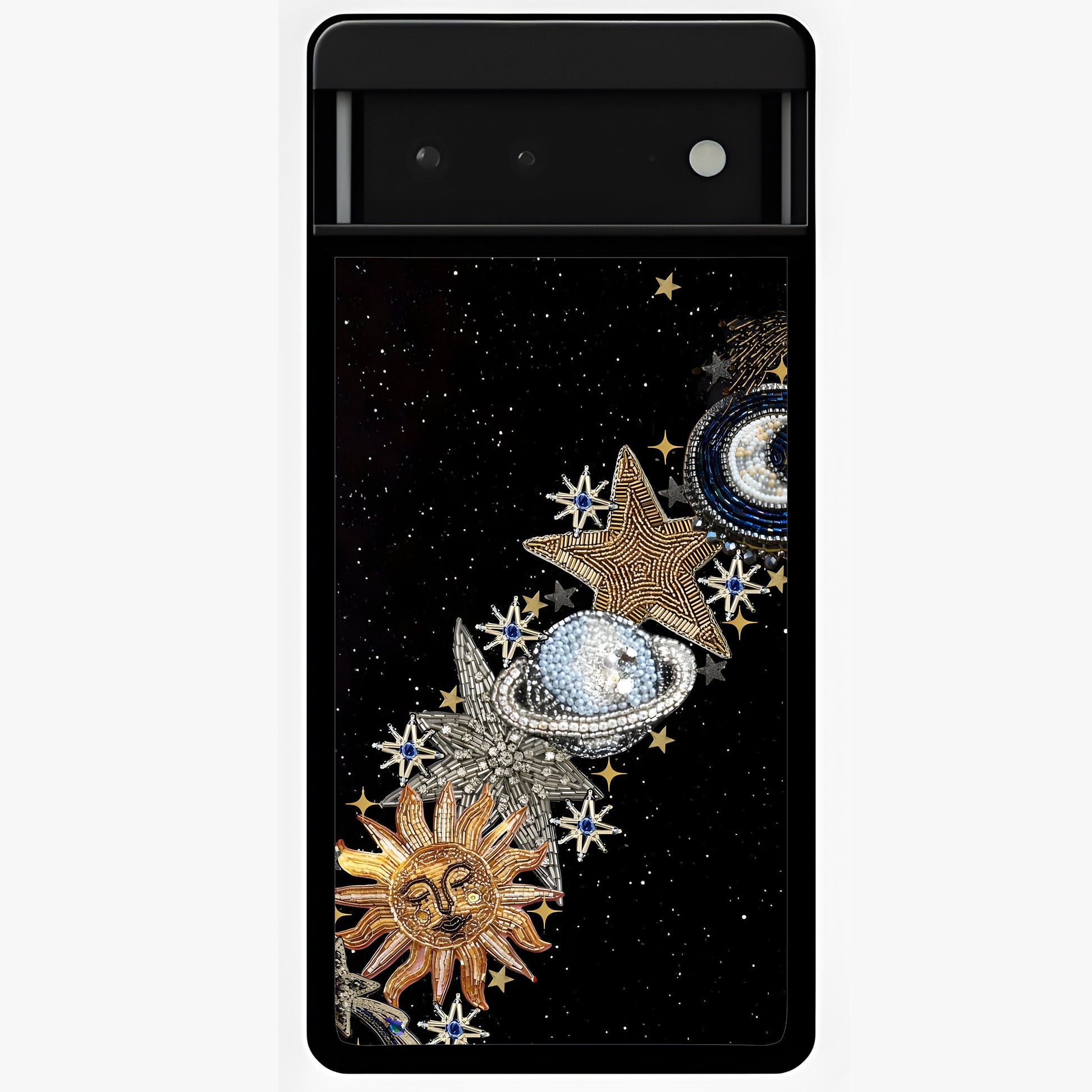 Pearls Universe Object Glass Case showing flat back view with pearl inspired cosmic artwork and glossy glass finish.