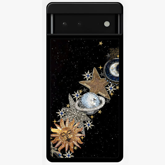Pearls Universe Object Glass Case showing flat back view with pearl inspired cosmic artwork and glossy glass finish.