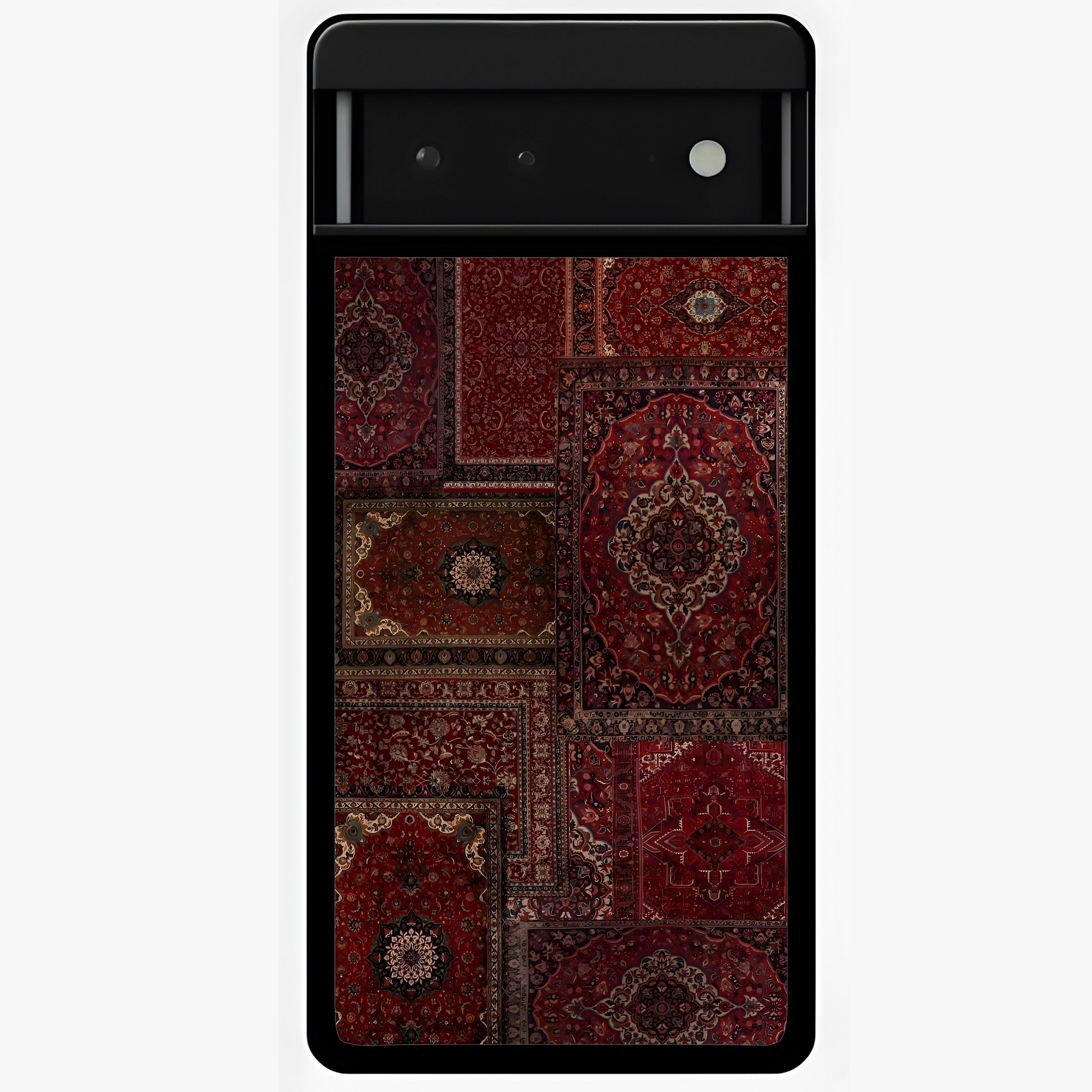 Persian Velvet Tale Glass Case showing flat back view with luxurious Persian velvet pattern artwork and glossy glass finish.
