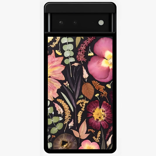 Petal Dream Tapestry Glass Case showing flat back view with intricate floral tapestry artwork and glossy glass finish.