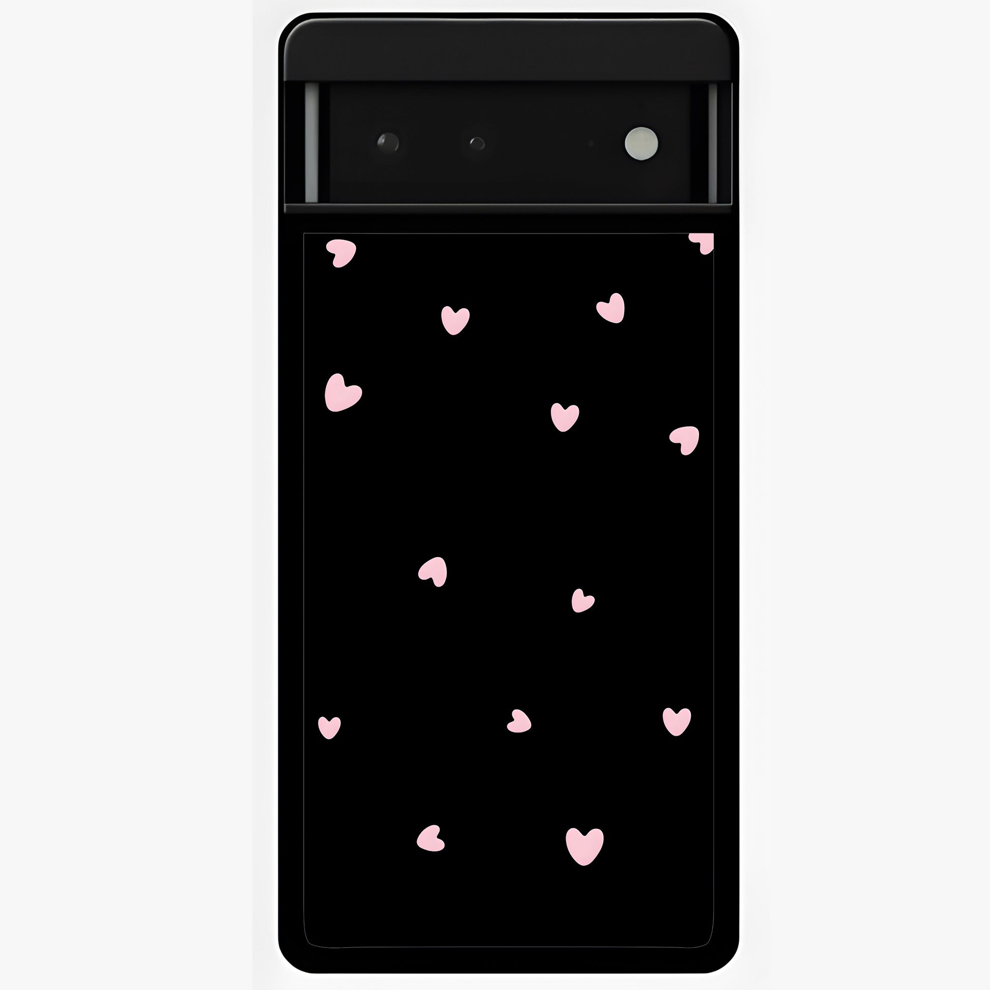 Pink Love Drops Glass Case showing flat back view with playful pink heart drops artwork and glossy glass finish.