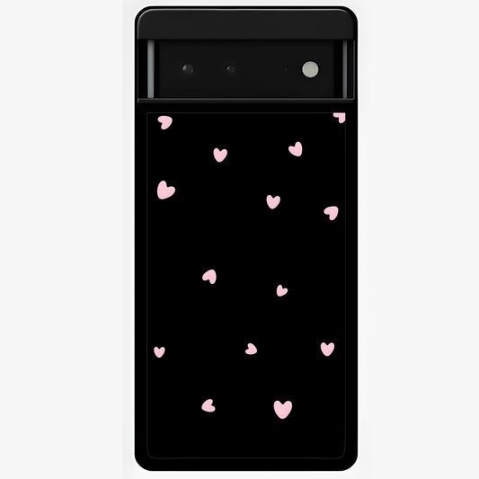 Pink Love Drops Glass Case showing flat back view with playful pink heart drops artwork and glossy glass finish.
