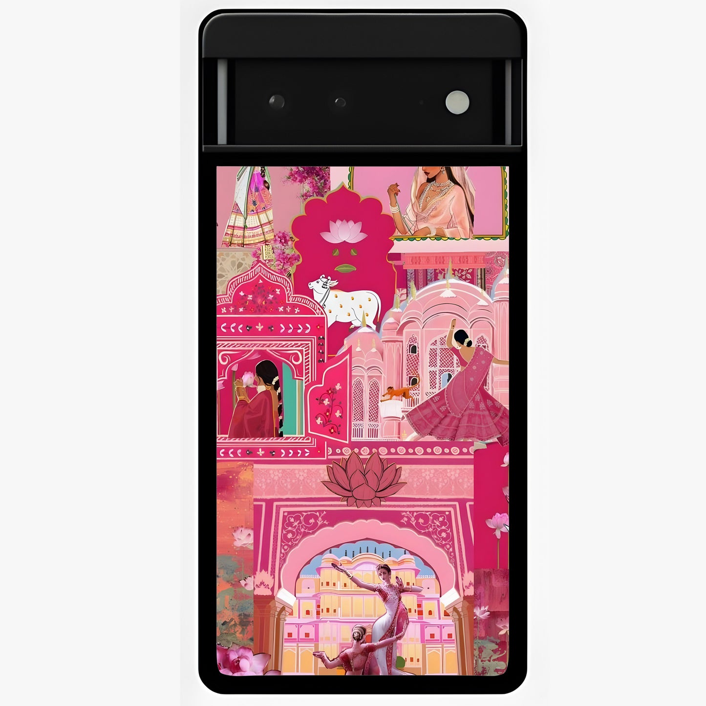 Pink Palace Muse Glass Case showing flat back view with elegant palace inspired artwork and glossy glass finish.