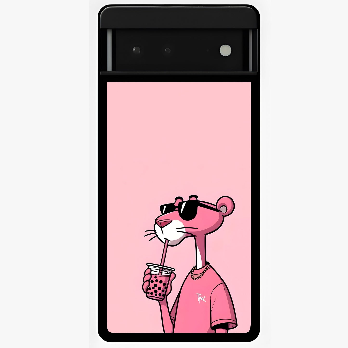 Pink Panther Glass Case showing flat back view with iconic pink panther artwork and glossy glass finish.