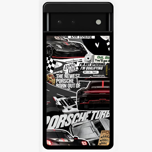 Porsche Racing Collage Glass Case showing flat back view with sports car racing collage artwork and glossy glass finish.