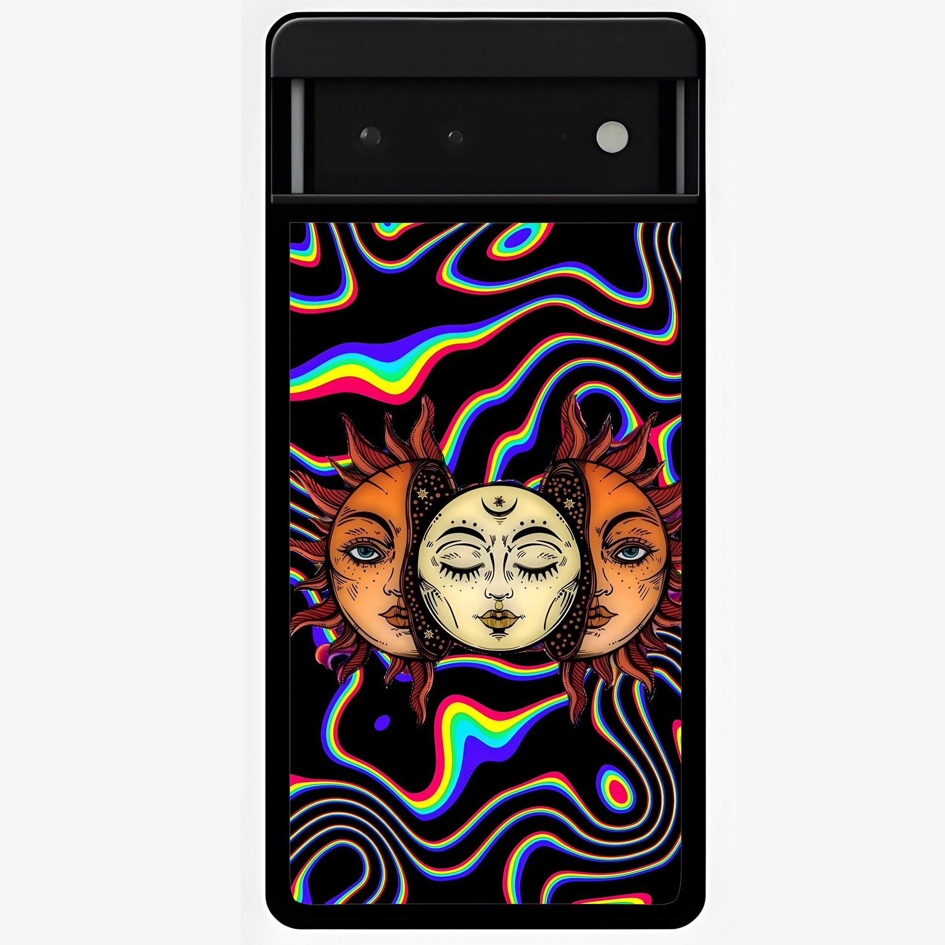 Psychedelic Sun Glass Case showing flat back view with colorful psychedelic sun artwork and glossy glass finish.