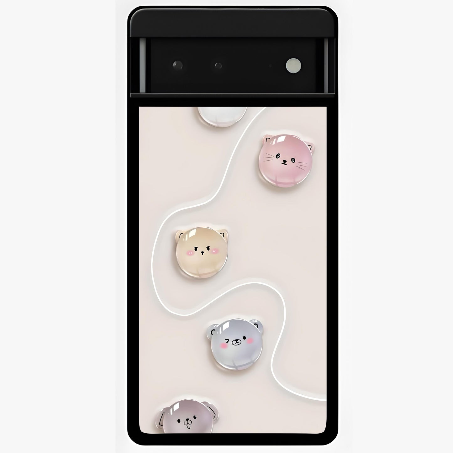 Puffy Face Parade Glass Case showing flat back view with cute puffy character faces artwork and glossy glass finish.