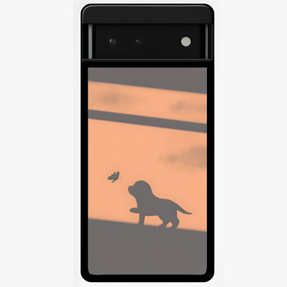 Puppy Shadow Art Glass Case showing flat back view with cute puppy shadow style artwork and glossy glass finish.