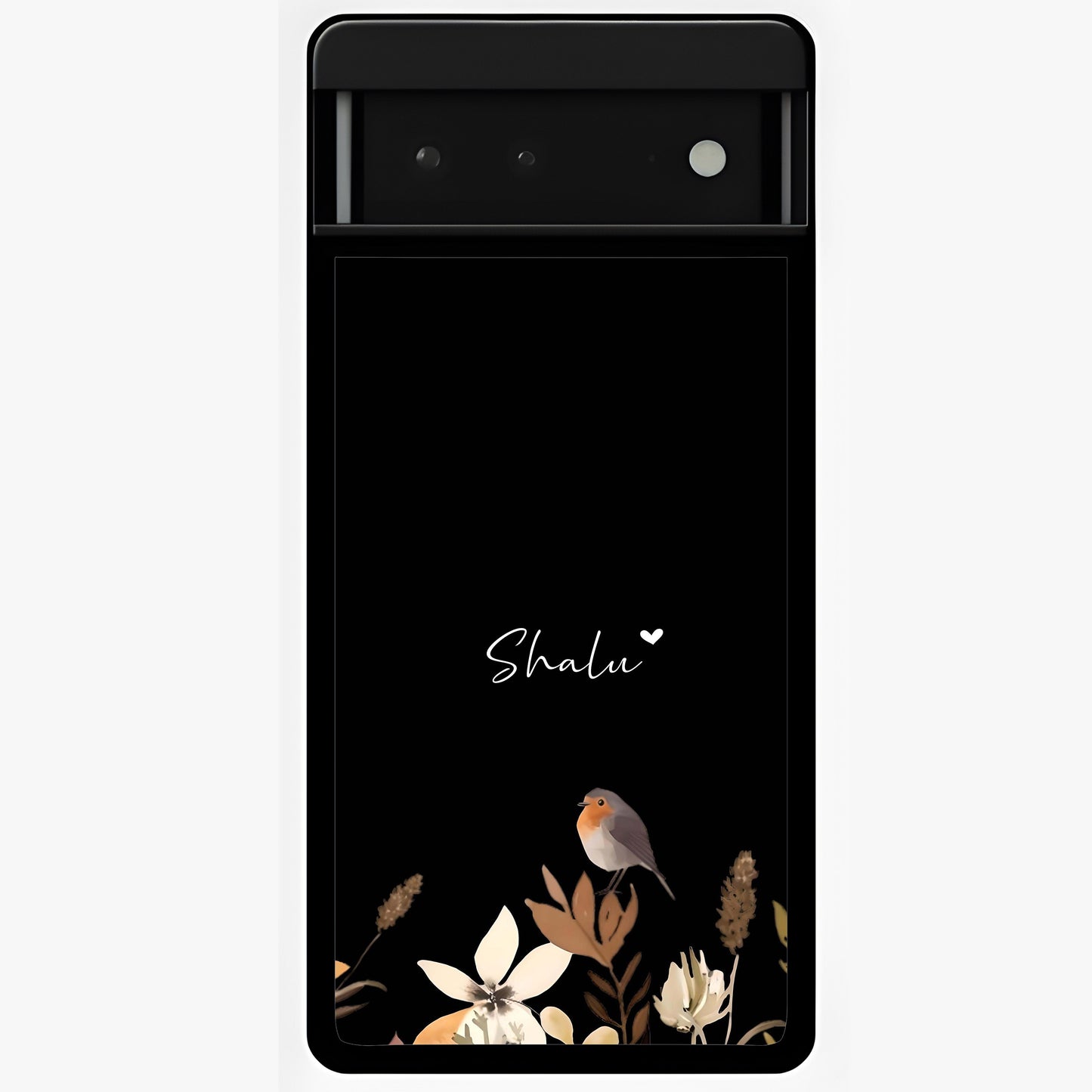 Quiet Garden Tune Custom Name Glass Case showing flat back view with peaceful garden artwork and personalized name design.