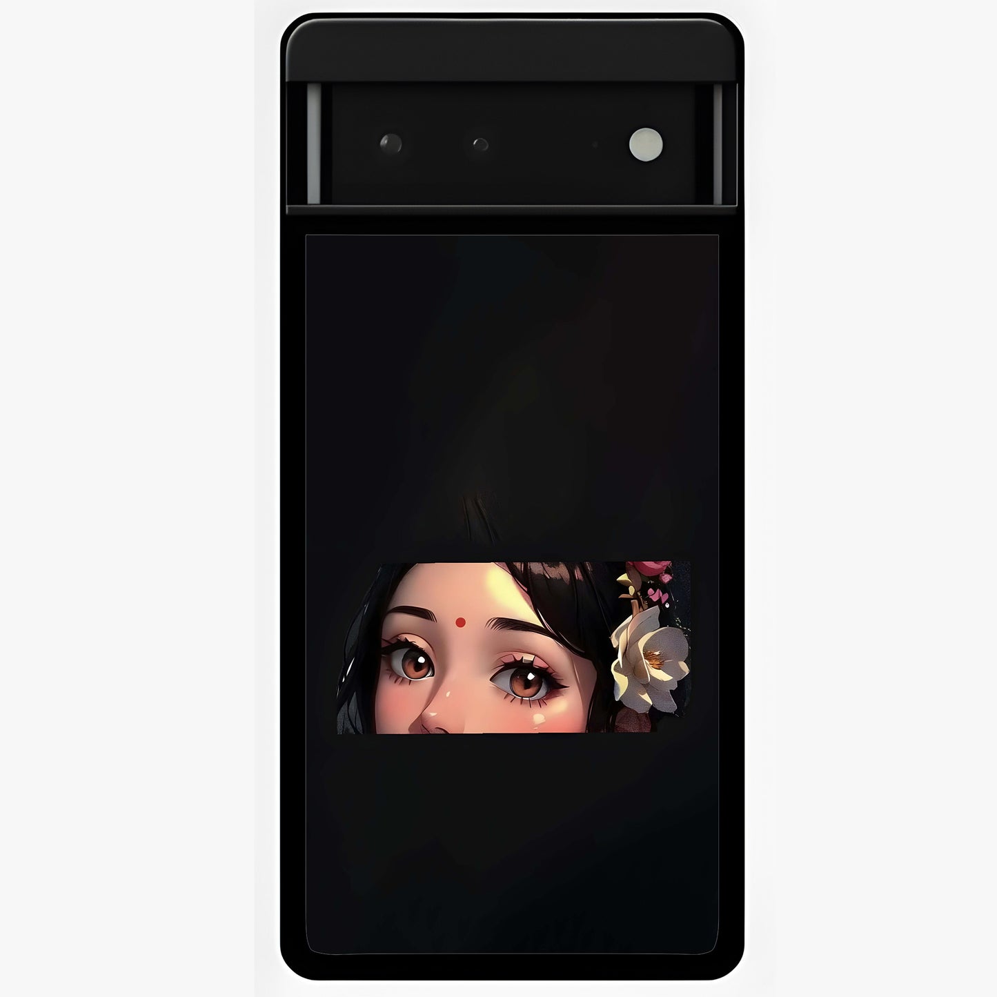 Radha Divine Embrace Glass Case showing flat back view with devotional Radha artwork and glossy glass finish.