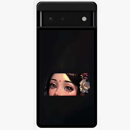 Radha Divine Embrace Glass Case showing flat back view with devotional Radha artwork and glossy glass finish.